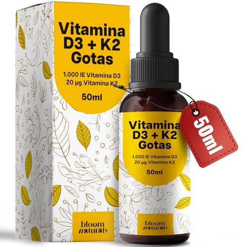 Vitamina D3 y K2 Gotas – 50 ml – 1.000 UI Vitamina D3 + 20 µg Vitamina K2 (MK-7) – 1 Gota al Día – Producido en Alemania – Vitamin D3K2 Suplemento Líquido – Analizado en Laboratorio