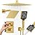 Iriber Thermostatic Shower System with Adjustable Water Flow Push Button Diverter, Square Dual Shower Heads Faucet Set with Handheld Spray, Brushed Gold Shower Mixer Valve Trim Kit (Valve Included)