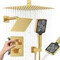 Iriber Thermostatic Shower System with Adjustable Water Flow Push Button Diverter, Square Dual Shower Heads Faucet Set with Handheld Spray, Brushed Gold Shower Mixer Valve Trim Kit (Valve Included)