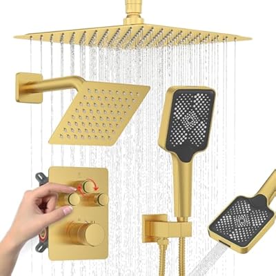 Iriber Thermostatic Shower System with Adjustable Water Flow Push Button Diverter, Square Dual Shower Heads Faucet Set with Handheld Spray, Brushed Gold Shower Mixer Valve Trim Kit (Valve Included)