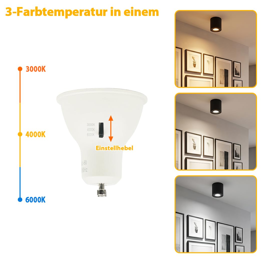 Aufbauspot Deckenstrahler mit Schwenkbarem Kopf,Runde Flach Spots Deckenleuchte Dimmbar mit GU10 Set Inkl Leuchtmittel,3 CCT umschaltbar,Modern Deckenspots Schwarz 80x85mm für Küche Bad,4er Set