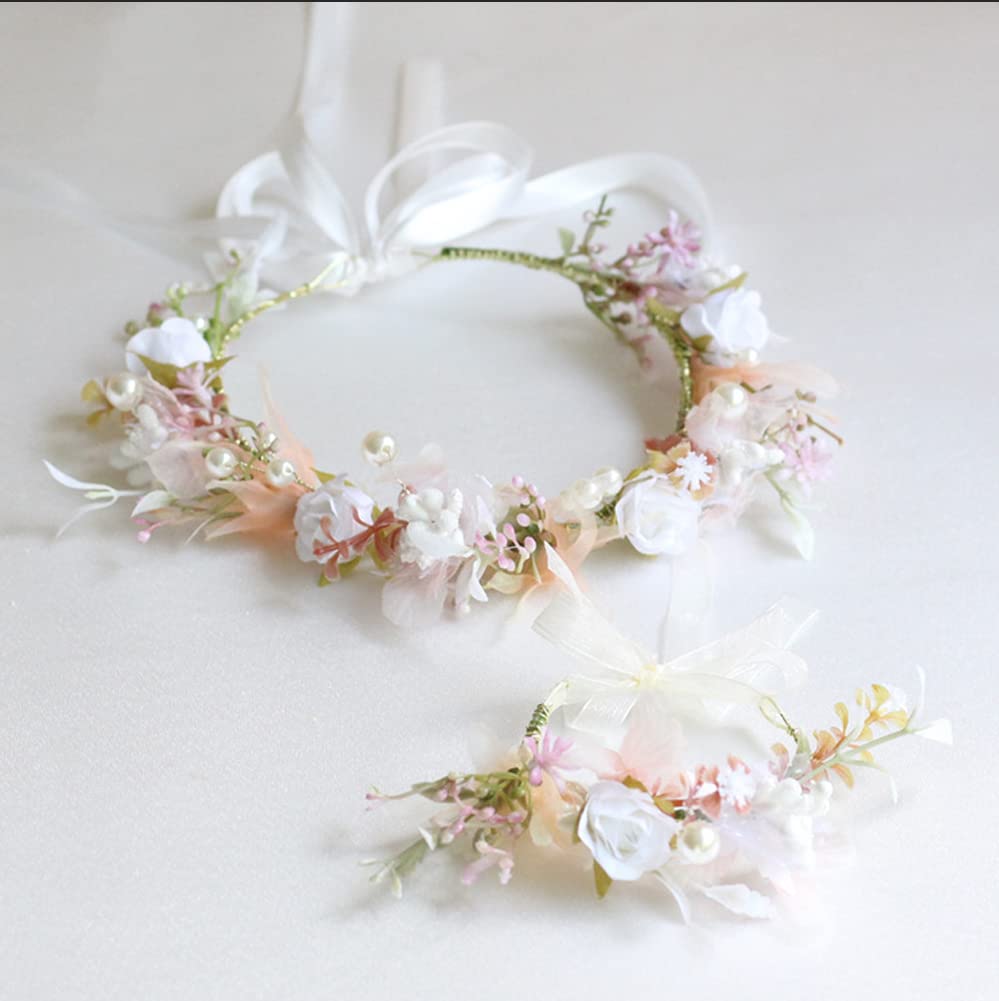 Diadema de Flores Comunion, Flower Headband Pearl Ajustable Diadema de Flor y Pulsera para Sombrero Ornamento Fiesta Festival Playa Travle Nupcial Boda Accesorios Ninos (Pera)