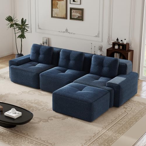 Image of 117 inch L-Shaped 3-Seater Modular Boneless Couch with Ottoman, Soft Corduroy Cloud sectional Sofa, Deep Seat Ergonomic Design, No Assembly Anti-Slip Sofa for Living Room, Blue