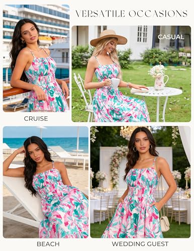 Image of GRACE KARIN Summer Dresses for Women 2026 Vacation,Smocked Floral Maxi Dress,Boho Beach Sundress with Pocket Fashion Clothing