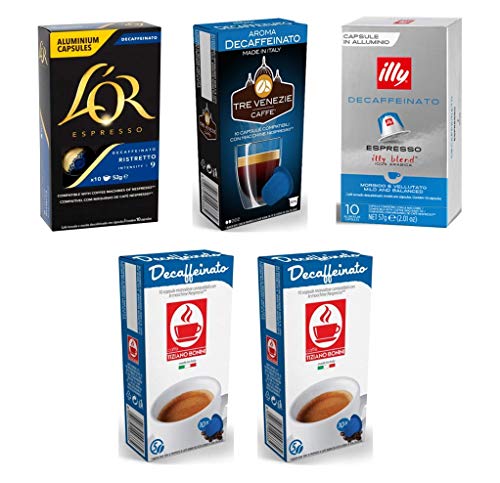 Nespresso Compatible Decaffeinated Coffee Capsules - 50 Decaf Multi Brand Variety Pack: L’Or, Illy, Bonini, Tre Venezie (Pack of 5, 50 Pods in Total)