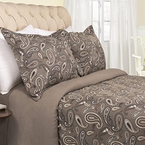 Superior Premium Cotton Flannel Duvet Cover Set, All Season 100% Brushed Cotton Flannel Bedding, 3-Piece Set with Duvet Cover and Pillow Shams - Grey Paisley, Full/Queen