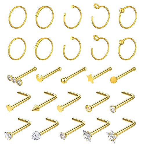 Fullsexy 25stk Nasenpiercing Ring Set Golden 316L Chirurgenstahl Nasenring Nasenstecker 20 Gauge Piercing Schmuck MEHRWEG Cover