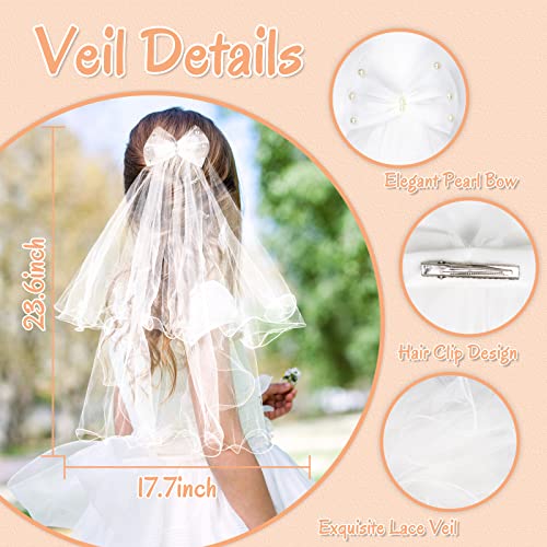 Yelsky First Communion Veil Set, White Lace with Pearl Bow Communion Veil for Catholic, White Flower Wreath Crown for Girls2