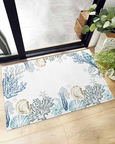 Indoor Doormat Ocean Coral Seashell Marine Life,Shaggy Floor Mat with Non-Skid Backing Teal White,Machine Washable Plush Area Rug Carpets for Kitchen Nursery Bedroom