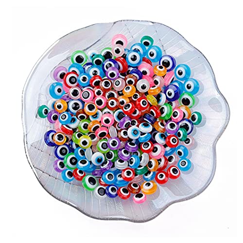 200 Pieces Flat Round Evil Eye Beads Handmade Resin Lampwork 8mm Charms Spacer Beads for Bracelets Necklace Jewelry Craft Making(Mix Colors)