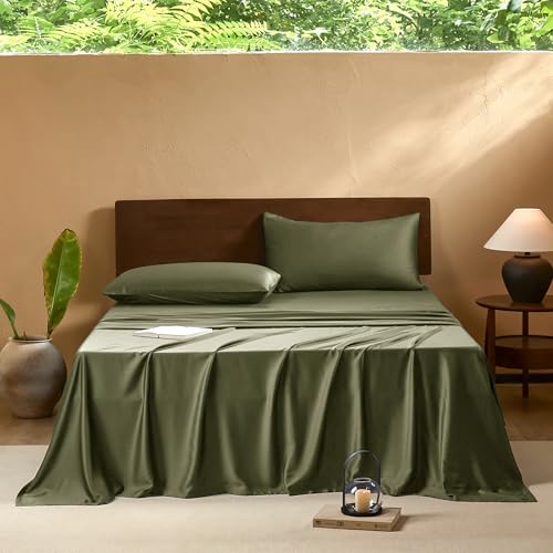 Image of EVERLY Queen Sheets Set,Luxuriously 400 Thread Count Organic Viscose Derived from Bamboo Bed Sheet,Cooling Sheets for Queen Size 4 Piece Deep Pockets Bedding Sheets &Pillowcases-Olive Green
