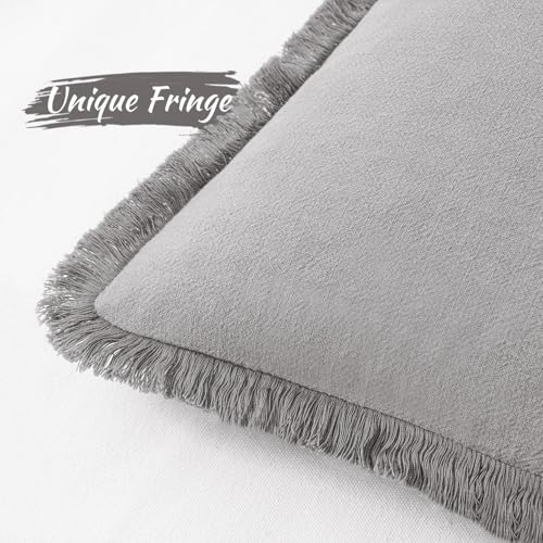 Image of MIULEE Decorative Throw Pillow Covers Neutral Linen Fringe Throw Pillows Set of 2 Light Grey Boho Farmhouse Cushion Covers with Tassels for Couch Sofa Bed Living Room Spring Home Decor 20x20 Inch