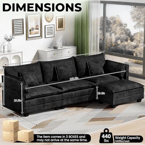 Image of LEVELEVE 112.5 inch L-Shape Modular Sofa with 1 Ottomans, Deep Seat Cloud Convertible Sleeper, 3 Throw 2 Arm Pillows, Comfortable Upholstered Furniture for Living Room Apartment, Black