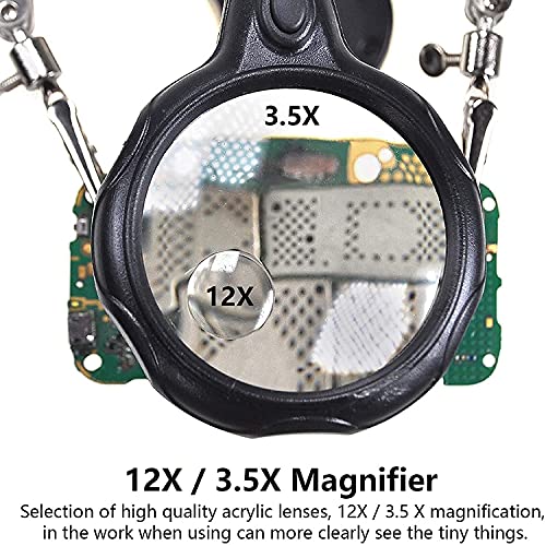 mlogiroa Helping Hands Soldering Station, 3.5X 12X Magnifying Glass LED Lighted Magnifier with Auxiliary Clips Alligator Clamp Repair Tools Kit for Soldering, Assembly, Miniatures - Image 2