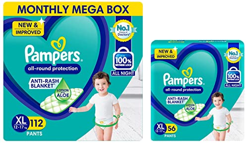 Image of Pampers New Diapers Pants Monthly Box, XL Size, 112 Count & New Diapers Pants, Baby Diaper XL Size, 56 Count