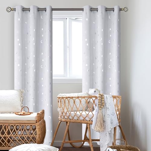 Image of BGment Nursery Curtains for Kids Room, Star and Moon Blackout Curtains for Girls Boys Bedroom, Room Darkening Thermal Insulated Decor Window Grommet Curtains, 2 Panels, 42 x 84 Inch, Greyish White