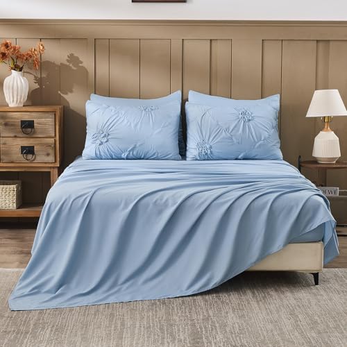 Image of Sky Blue Comforter Set Queen Size Bed in A Bag 7 Piece Pinch Pleat Bedding Set,Pintuck Ruched Flowers Bed Set with Comforter, Sheets, Pillowcases & Shams
