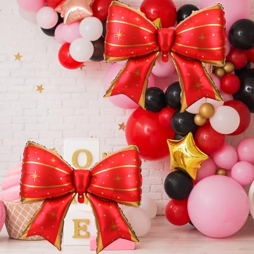 Image of 2pcs Large Bow Balloons, Bow Themed Party Decorations Elegant Coquette Balloons for Coquette Birthday Wedding Engagement Party Decoration (Red with Star Dot)