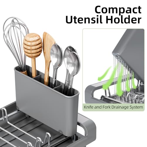 Image of Toolf Expandable Dish Rack, Compact Dish Drainer, Stainless Steel Dish Drying Rack with Removable Cutlery Holder, Anti Rust Plate Rack, Small Sink Drainer for Sink or Kitchen Countertop