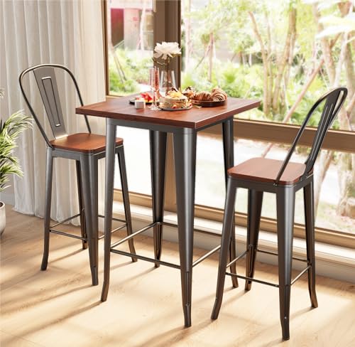 Qsun Bistro Table and Chairs Set of 2, Bar Table and Chairs Set with Solid Elm Top and Metal Frame, Pub Table and Chairs Set of 2 for Bar, Home, Restaurant