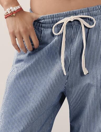 SCUSTY Women's Baggy Wide Leg Jeans Mid Rise Barrel Denim Ankle Pants Casual Striped Pull On Drawstring Trousers with Pockets2