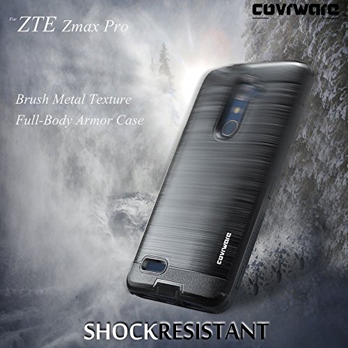 Covrware [Iron Tank] Case Compatible With Zte Zmax Pro/Zte Carry, With Built-In [Screen Protector] Full-Body Rugged Holster Armor Case [Brushed Metal Texture Design][Belt Clip][Kickstand], Black #TOP7
