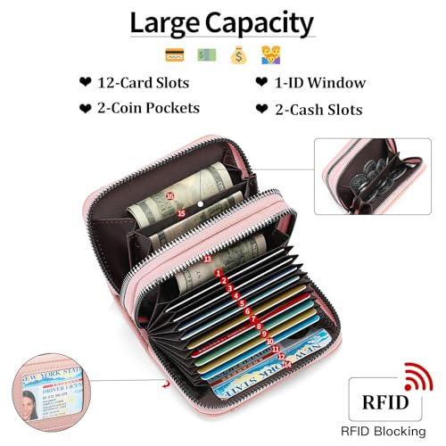 Genuine Leather Wallet for Women RFID Blocking Double Zipper Credit Card Holder with ID Window (Pink)2