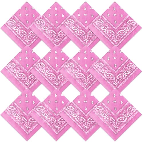 Suhine 12 Pcs Bandanas Bulk for Women Men 22 x 22 Inch Paisley Headband Cowboy Handkerchief Summer Beach Party Costume(Pink)
