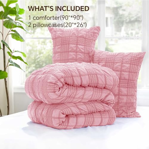 Image of BEDELITE Queen Comforter Set, Seersucker Bedding Set 3 Pieces, Pink | All Season Use, Machine Washable, Soft and Lightweight, Ruched Comforter for Bedroom, Wrinkle-Resistant, Cozy and Stylish