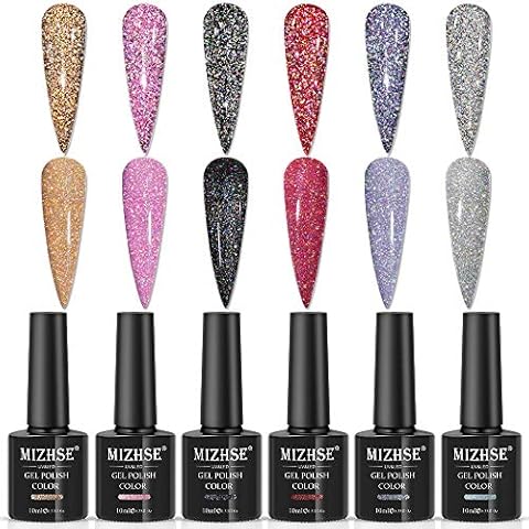 MIZHSE Reflective Glitter Gel Nail Polish Sparkling Diamond Nail Polish Gel Shiny Glitter Nail Gel Polish Nail Art Varnish Manicure Kit Soak Off UV/LED Professional Nail Salon Kit (035) Cover