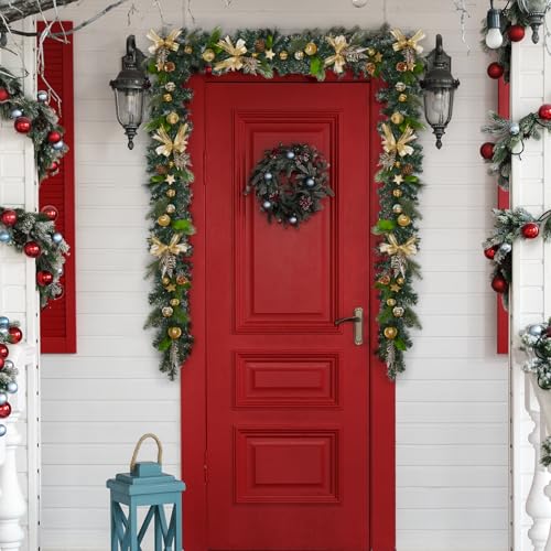 GarveeHome 6 FT Pre-lit Christmas Garland, Indoor Outdoor Artificial Xmas Garland with 20 LED Lights, Gold Christmas Decorations with Ribbon, Ball Ornaments, Pine Cones and Stars for Mantle, Stairs