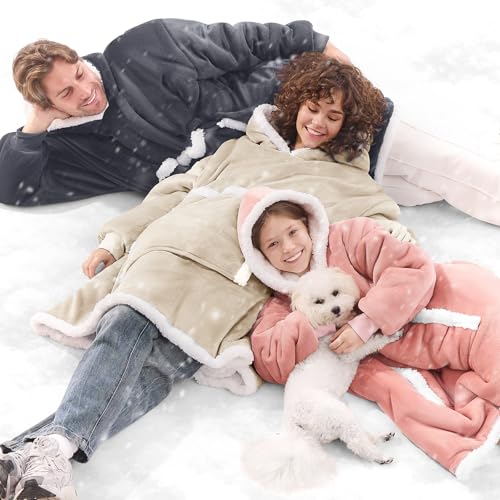 JOYWOO Beige Oversized Wearable Blanket Hoodie, Cat lovers Long Hoodie Blanket for Adult,Birthday Gifts for Women Mom Grandma,Cozy Sherpa Hooded Blanket Giant Pocket Winter Gifts,Beige,Oversize
