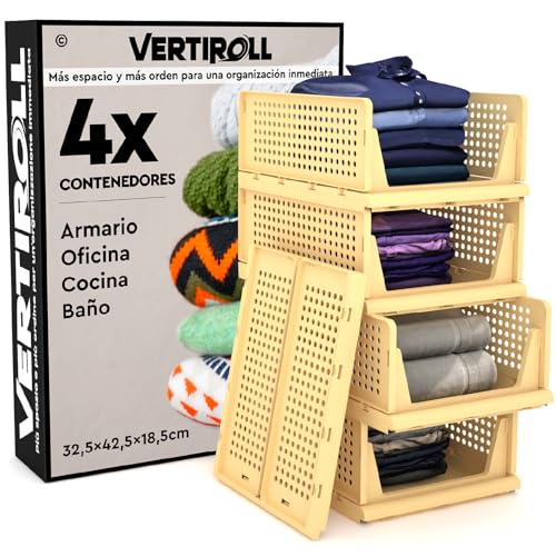 4 Cajones Deslizantes Apilables Organizador Ropa Armario VertiRoll - Contenedores Ahorrador de Espacio de Plástico Color Amarillo Hogar Cocina Baño Oficina Fácil de Montar - Cajones 32,5x42,5x18,5cm