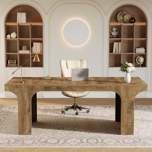 Tribesigns 70.9-Inch Executive Desk, Large Wooden Computer Office Desk, Modern Writing Table Business Workspace Home Office Furniture with Arched Design, Rustic Wood Grain