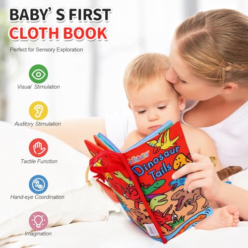 Image of Jollybaby Baby Books 0-6 Months, Touch and Feel Crinkle Soft Cloth Books for Infants Babies, Toddler Early Educational Interactive Stroller Sensory Toys, Baby Girl & Boy Gift(Dinosaur Tails)