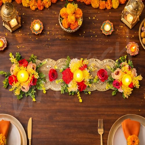 Image of Divyakosh Flower Table Runner Decoration for Dining Table with LED | Artificial Floral Centerpiece with Diya Lights | Festive Table Decor for Diwali, Wedding, Pooja & Home Decoration, 22 Inch