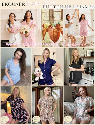 Ekouaer Pajamas for Women Set Button Up Pjs Short Sleeve Ruffle Sleepwear Notch Collar Bride Soft Pj Lounge Sets S-XXL2