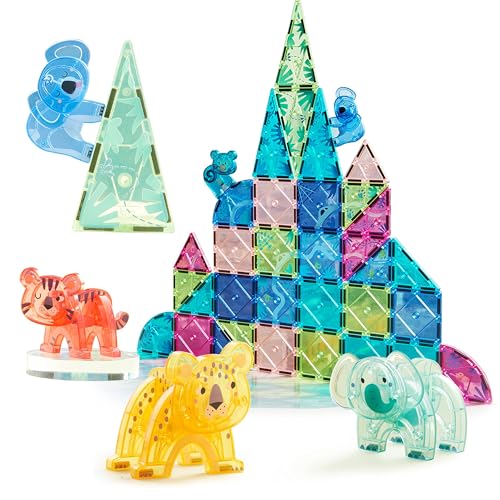 MiDeer Animal Magnetic Tiles 40 Pcs Magnetic Building Blocks for Toddler 3-5 Educational Stack Tile Construction Magnet Block STEM Learning Toy for Kids Age 3-5 4-8