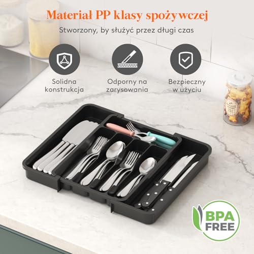 Lifewit Organizer do Szuflady Kuchennej na Sztućce, Rozszerzalna Wkład do Szuflad, Plastikowe Taca na Sztućce na Łyżki/Widelce/Noże, Głębokość 30,9 cm, Szerokość 22,6–37,3 cm, Czarny