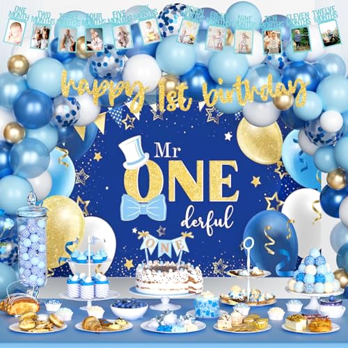 Mr Onederful 1st Birthday Decorations - Boy's 1st Birthday Party Supplies with Backdrop, Balloon Banners, Boxes, Crown for Blue One Year Old - Thumbnail 7