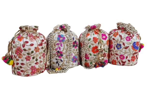 Women’s Premium Potli Bag | Wedding Bridal Potli Pouch | Traditional Embroidered Ethnic Bag for Festivals, Gifts & Return Favours | Beaded Handle Bridal Purse | (SET OF 5)-image-38