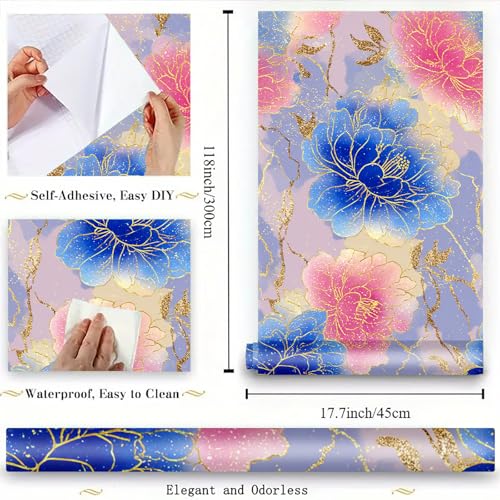 IOHEFY Peony Wallpaper Peel and Stick 17.7" x 118.1" Chinese Floral Gold Foil Removable Contact Paper Self Adhesive Vinyl Wall Decor for Bedroom Tea Room Glam Oriental Style by IOHEFY - Image 7