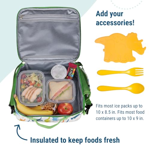 Image of Wildkin Dinosaur Adventures ECO Lunch Box | 11 x 9.5 x 3.5 in insulated rPET lunch box with bottle pocket, interior mesh pocket and removable shoulder strap.