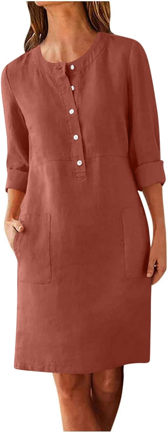 Women Long Sleeve Mini Dress Crew Neck Button Henley Flowy Dresses with Pockets Loose Fall Casual Solid Color Tunic