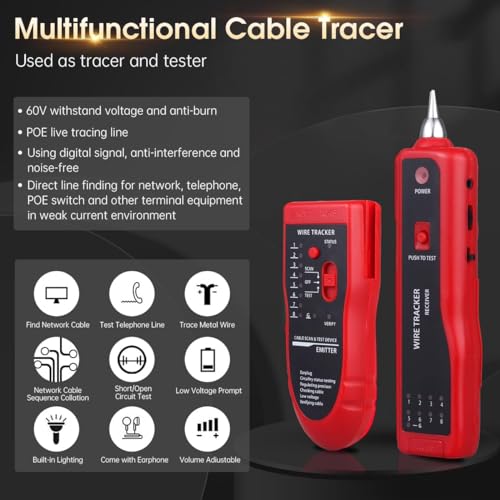 Image of COOLCOLD Lan Tester | Ethernet Wire Tracker | Network Cable Tester | RJ11 RJ45 CAT5 /5e CAT6 LAN Wire Portable Line Finder for Miss Wiring Disorder Cable Open and Short Circuit Testing (Red)