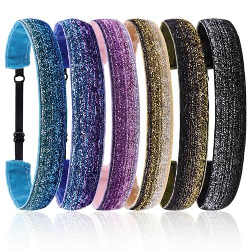 6 Glitter Headbands for Girls Adjustable Non Slip Thin Elastic Hair Bands Stretch Sport Headband for Kids Sparkly Bling Headband Hair Accessories (Pack of 6)
