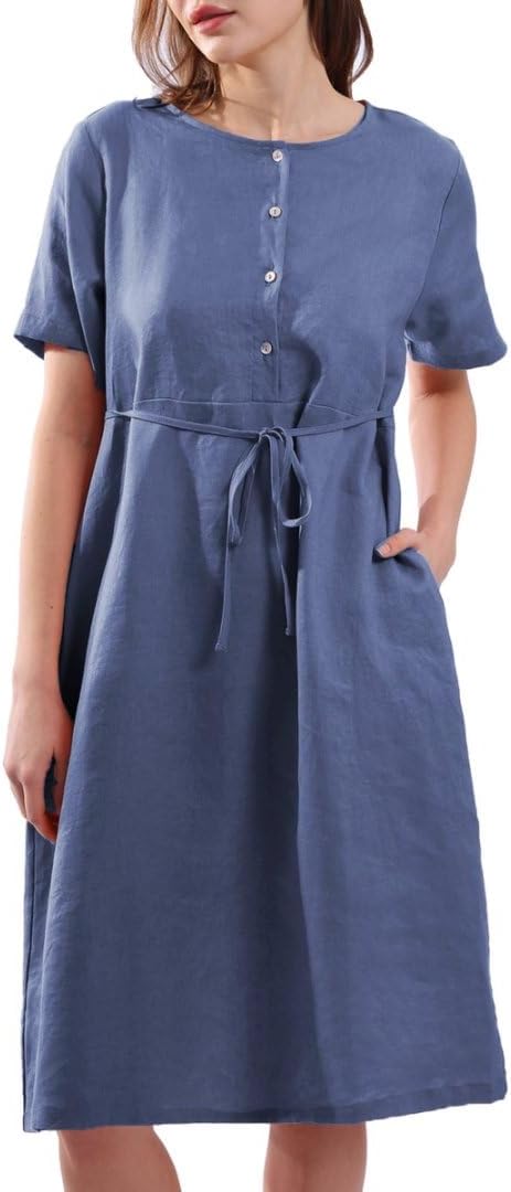 Amazhiyu Womens Pure Linen Summer Short Sleeve Midi Dresses with Pockets