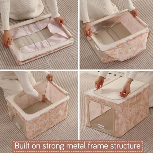Image of HOKIPO Folding Storage Box and Organiser for Clothes, 600D Oxford Fabric Storage Box, Beige Botanica - Medium Pack of 2 (AR-6488-BGE*2)