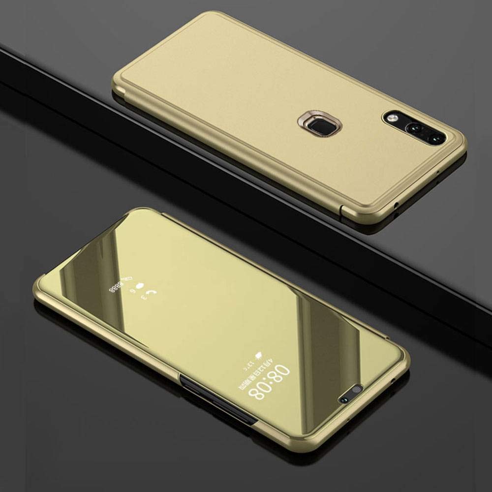 VIVO X21 Flip Case, Eabuy Mirror Plating Hard PC +PU Leather Semi-transparent Standing View Case Cover for VIVO X21 Gold