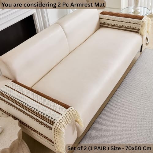 Image of HOMETHREADS Innovative European Premium Style Anti Slip Cotton Sofa Cover Mat with PVC Backing for Non-Slip Comfort (Coffee, 2Pc Armrest Mat | 70x50cm)